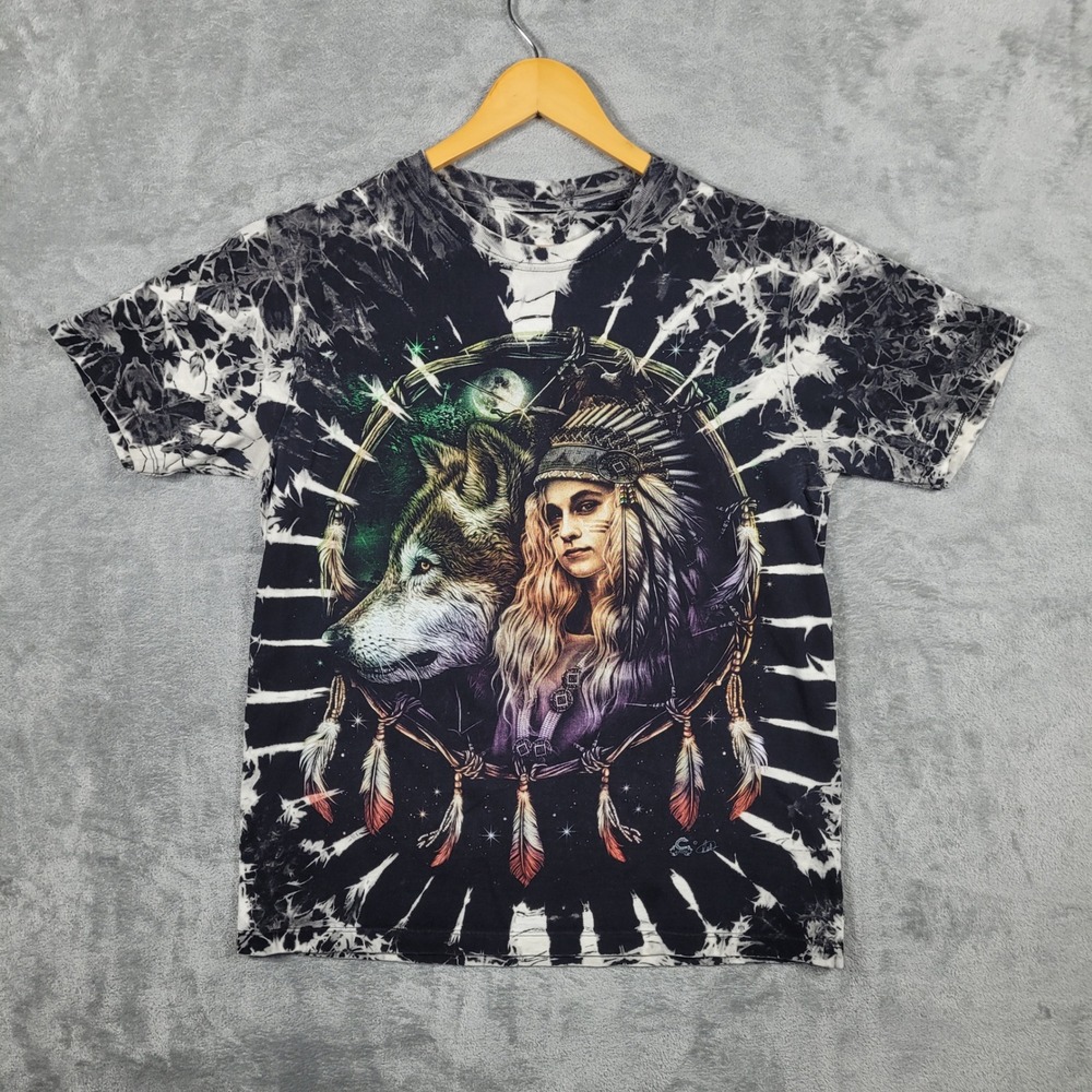 Vintage Caballo Shirt Mens M Black Tie Dye Wolf Native American Glow In The Dark